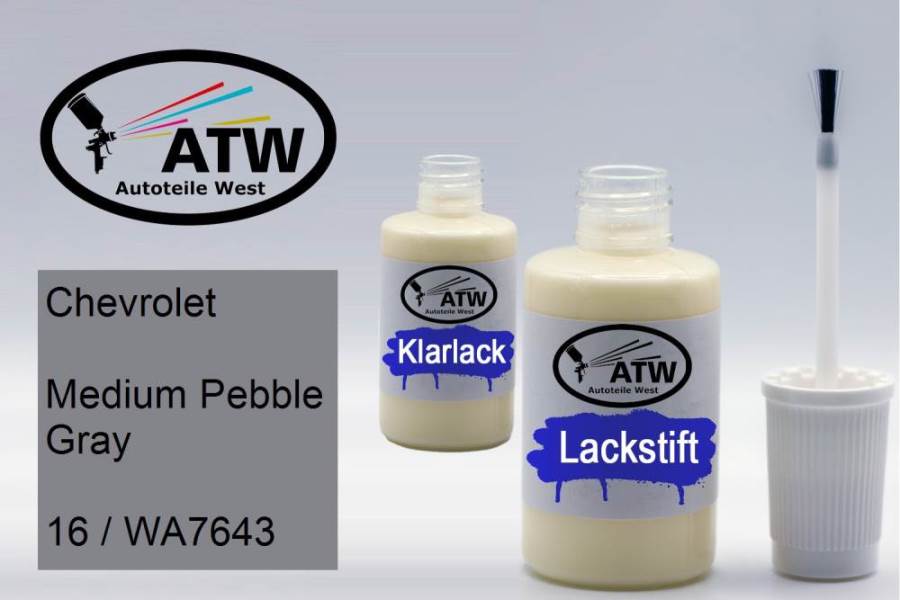 Chevrolet, Medium Pebble Gray, 16 / WA7643: 20ml Lackstift + 20ml Klarlack - Set, von ATW Autoteile West.